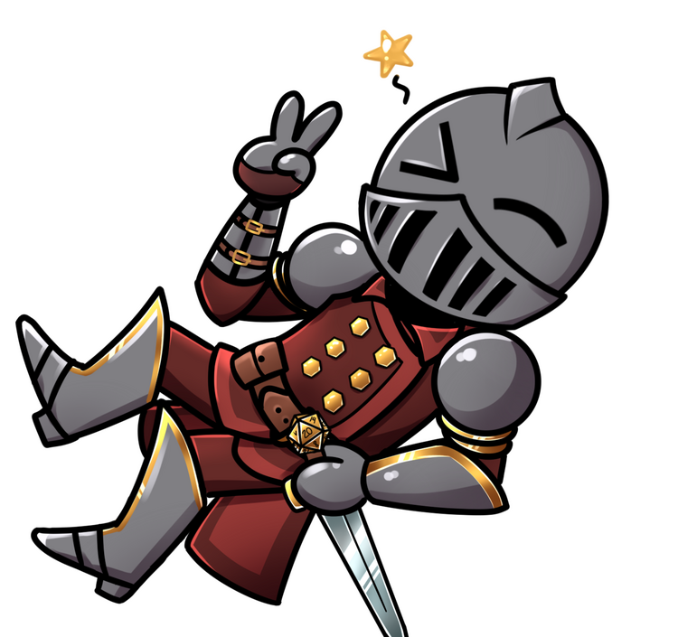 Animated armor Gunkey who wears a maroon colored coat. He has a metal helmet, gauntlets, pauldrons, and boots. One hand grips a sword with D20 shaped pommel, while the other holds up a peace sign. A small stare rises above the animated armor as he winks.